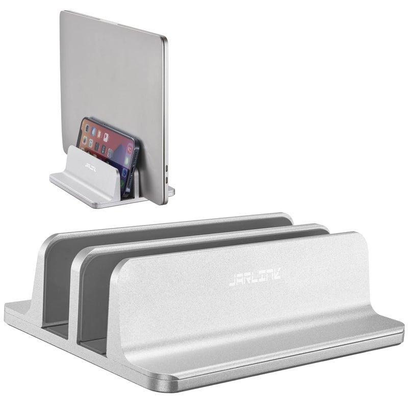 JARLINK Vertical Laptop Stand Holder, Aluminum Double Desktop Stand Holder with Adjustable Dock (Up to 17.3 inch), Compatible with MacBook, Surface, Chromebook, and Gaming Laptops, Silver - Image 1